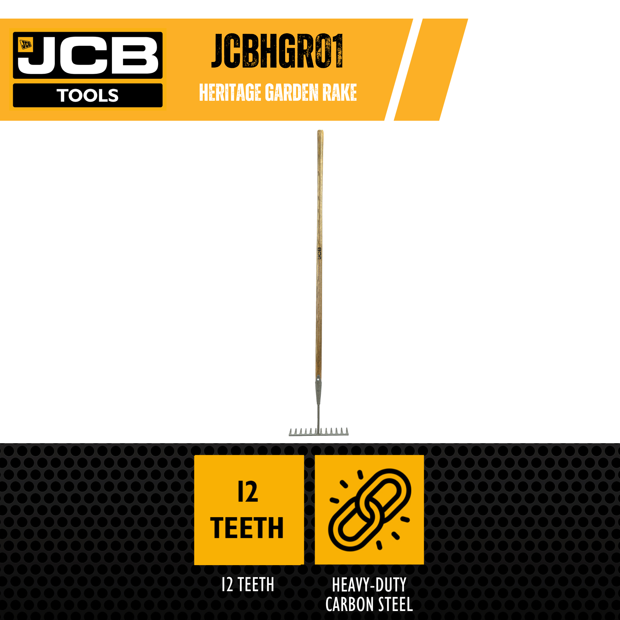 JCB 12 Teeth Heritage Garden Rake, Heavy-duty Carbon Steel and Ash Wood Shaft_4