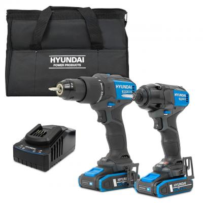 Hyundai 20V Cordless 65Nm Hammer Drill and 230Nm Impact Driver Brushless Kit, 2x 2.0Ah Li-ion Batteries and 2A Charger